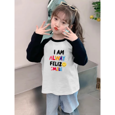 批发纯棉<b class='q'>女</b><b class='q'>童</b>插肩长袖T恤新款儿童宽松洋气T恤拼色<b class='q'>百搭</b>上衣