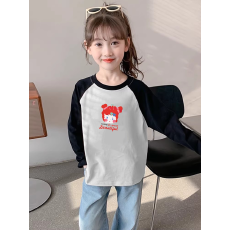 批发纯棉<b class='q'>女</b><b class='q'>童</b>插肩长袖T恤新款儿童宽松洋气T恤拼色<b class='q'>百搭</b>上衣