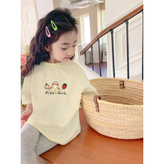 批发纯棉<b class='q'>女</b><b class='q'>童</b>韩版洋气短袖T恤夏装新款<b class='q'>百搭</b>圆领印花休闲上衣潮