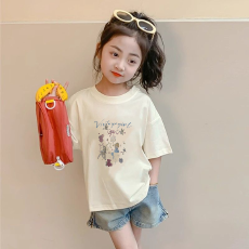 批发纯棉<b class='q'>女</b><b class='q'>童</b>韩版洋气短袖T恤夏装新款<b class='q'>百搭</b>圆领印花休闲上衣潮