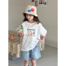批发纯棉<b class='q'>女</b><b class='q'>童</b>韩版洋气短袖T恤夏装新款<b class='q'>百搭</b>圆领印花休闲上衣潮