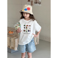 批发纯棉<b class='q'>女</b><b class='q'>童</b>韩版洋气短袖T恤夏装新款<b class='q'>百搭</b>圆领印花休闲上衣潮