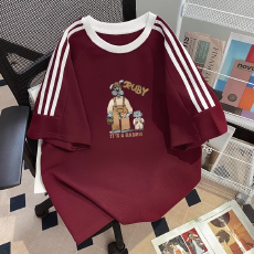 纯棉夏季新款中大童女童短袖T恤印花休闲圆领三条杠上衣