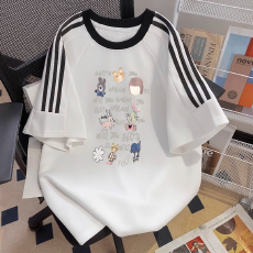 纯棉夏季新款中大童女童短袖T恤印花休闲圆领三条杠上衣