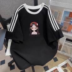 纯棉夏季新款中大童女童短袖T恤印花休闲圆领三条杠上衣