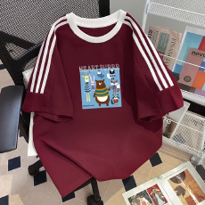 纯棉夏季新款中大童女童短袖T恤印花休闲圆领三条杠上衣