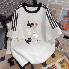 纯棉夏季新款中大童女童短袖T恤印花休闲圆领三条杠上衣