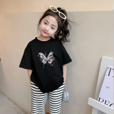 批发纯棉<b class='q'>女</b><b class='q'>童</b><b class='q'>韩版</b>洋气短袖T恤夏装新款百搭圆领印花休闲上衣潮