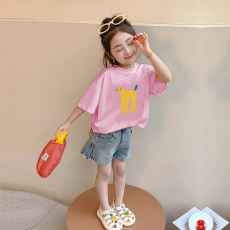 批发纯棉<b class='q'>女</b><b class='q'>童</b><b class='q'>韩版</b>洋气短袖T恤夏装新款百搭圆领印花休闲上衣潮