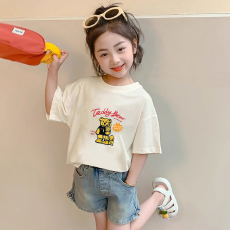 批发纯棉<b class='q'>女</b><b class='q'>童</b><b class='q'>韩版</b>洋气短袖T恤夏装新款百搭圆领印花休闲上衣潮