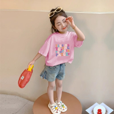 批发纯棉<b class='q'>女</b><b class='q'>童</b><b class='q'>韩版</b>洋气短袖T恤夏装新款百搭圆领印花休闲上衣潮