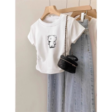 批发1*1纯棉高弹力女童短袖t恤夏季新款抽褶短款收腰百搭洋气T恤