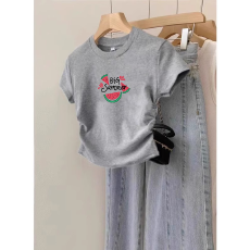 批发1*1纯棉高弹力女童短袖t恤夏季新款抽褶短款收腰百搭洋气T恤