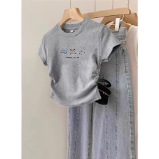 批发1*1纯棉高弹力女童短袖t恤夏季新款抽褶短款收腰百搭洋气T恤