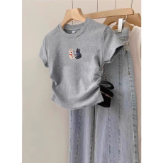 批发1*1纯棉高弹力女童短袖t恤夏季新款抽褶短款收腰百搭洋气T恤