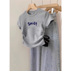 批发1*1纯棉高弹力女童短袖t恤夏季新款抽褶短款收腰百搭洋气T恤