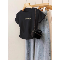 批发1*1纯棉高弹力女童短袖t恤夏季新款抽褶短款收腰百搭洋气T恤