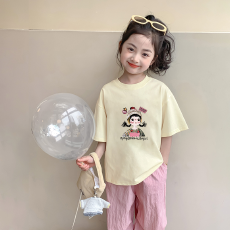 批发纯棉<b class='q'>女童</b>韩<b class='q'>版</b>洋气短袖T恤夏装新款百搭圆领印花休闲上衣潮