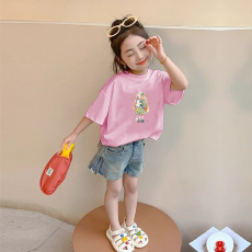 批发纯棉<b class='q'>女童</b>韩<b class='q'>版</b>洋气短袖T恤夏装新款百搭圆领印花休闲上衣潮