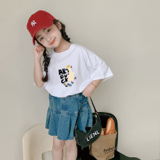 批发纯棉<b class='q'>女童</b>韩<b class='q'>版</b>洋气短袖T恤夏装新款百搭圆领印花休闲上衣潮