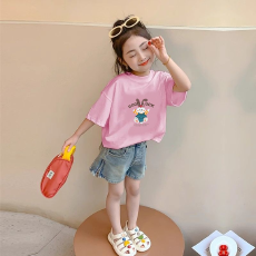 批发纯棉<b class='q'>女童</b>韩<b class='q'>版</b>洋气短袖T恤夏装新款百搭圆领印花休闲上衣潮