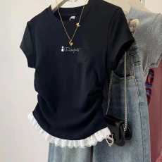 1*1纯棉高弹力女童蕾丝花边短袖t恤夏季新款儿童褶皱收腰T恤