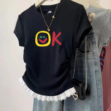 1*1纯棉高弹力女童蕾丝花边短袖t恤夏季新款儿童褶皱收腰T恤