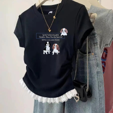 1*1纯棉高弹力女童蕾丝花边短袖t恤夏季新款儿童褶皱收腰T恤