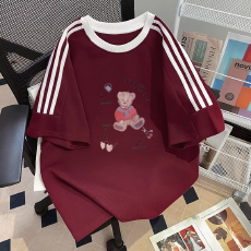 批发纯棉夏季新款中大童<b class='q'>女</b><b class='q'>童</b>短袖T恤印花休闲圆领三条杠上衣