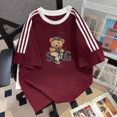 批发纯棉夏季新款中大童女童<b class='q'>短袖</b>T恤印花休闲圆领三条杠上衣