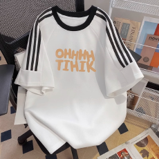 批发纯棉夏季新款中大童女童<b class='q'>短袖</b>T恤印花休闲圆领三条杠上衣