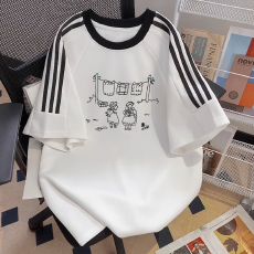 批发纯棉夏季新款中大童女童<b class='q'>短袖</b>T恤印花休闲圆领三条杠上衣