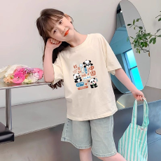 纯棉女童洋气短袖T恤夏装新款百搭圆领印花休闲上衣ins