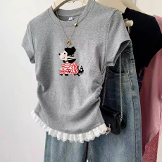 1*1纯棉高弹力女童蕾丝花边短袖t恤夏季新款儿童褶皱收腰T恤