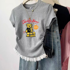 1*1纯棉高弹力女童蕾丝花边短袖t恤夏季新款儿童褶皱收腰T恤