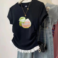 1*1纯棉高弹力女童蕾丝花边短袖t恤夏季新款儿童褶皱收腰T恤