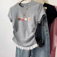 1*1纯棉高弹力女童蕾丝花边短袖t恤夏季新款儿童褶皱收腰T恤