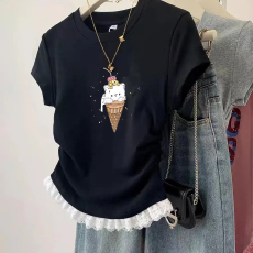 批发1*1纯棉高弹力<b class='q'>女童</b>蕾丝<b class='q'>花边</b>短袖t恤夏季新款儿童褶皱收腰T恤