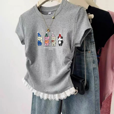 批发1*1纯棉高弹力<b class='q'>女童</b>蕾丝<b class='q'>花边</b>短袖t恤夏季新款儿童褶皱收腰T恤