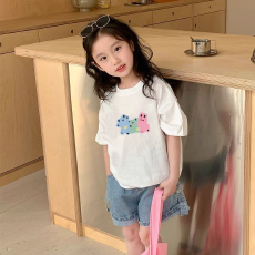 批发纯棉<b class='q'>女童</b>洋气<b class='q'>短袖</b>T恤夏装新款百搭圆领印花休闲上衣ins