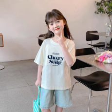 批发纯棉<b class='q'>女</b><b class='q'>童</b>洋气短袖T恤夏装新款百搭圆领印花休闲百搭上衣