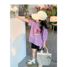 批发纯棉<b class='q'>女</b><b class='q'>童</b>洋气短袖T恤夏装新款百搭圆领印花休闲百搭上衣