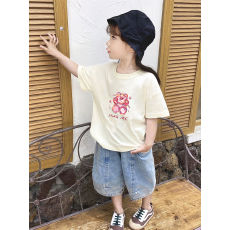 批发纯棉<b class='q'>女</b><b class='q'>童</b>洋气短袖T恤夏装新款百搭圆领印花休闲百搭上衣