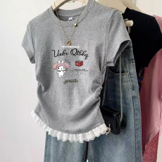 批发1*1纯棉高弹力<b class='q'>女</b><b class='q'>童</b>蕾丝花边<b class='q'>短袖</b>t恤夏季新款儿童褶皱收腰T恤