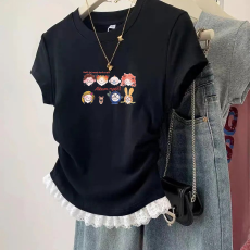 批发1*1纯棉高弹力<b class='q'>女</b><b class='q'>童</b>蕾丝花边<b class='q'>短袖</b>t恤夏季新款儿童褶皱收腰T恤