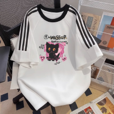 批发纯棉夏季新款中<b class='q'>大</b><b class='q'>童</b>女<b class='q'>童</b><b class='q'>短袖</b>T<b class='q'>恤</b>印花休闲圆领三条杠上衣