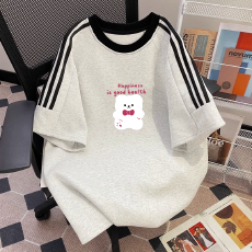 批发纯棉夏季新款中<b class='q'>大</b><b class='q'>童</b>女<b class='q'>童</b><b class='q'>短袖</b>T<b class='q'>恤</b>印花休闲圆领三条杠上衣