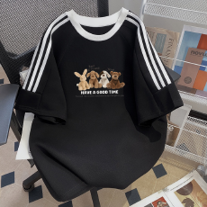 批发纯棉夏季新款中<b class='q'>大</b><b class='q'>童</b>女<b class='q'>童</b><b class='q'>短袖</b>T<b class='q'>恤</b>印花休闲圆领三条杠上衣