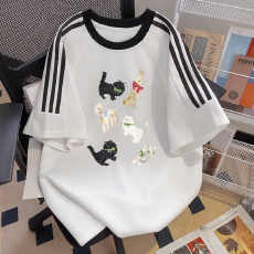 批发纯棉夏季新款中<b class='q'>大</b><b class='q'>童</b>女<b class='q'>童</b><b class='q'>短袖</b>T<b class='q'>恤</b>印花休闲圆领三条杠上衣