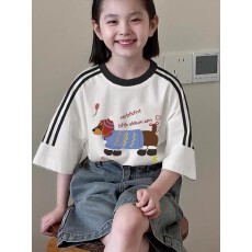 批发纯棉夏季新款中大童<b class='q'>女童</b>短<b class='q'>袖</b>T恤印花休闲圆领三条杠上衣